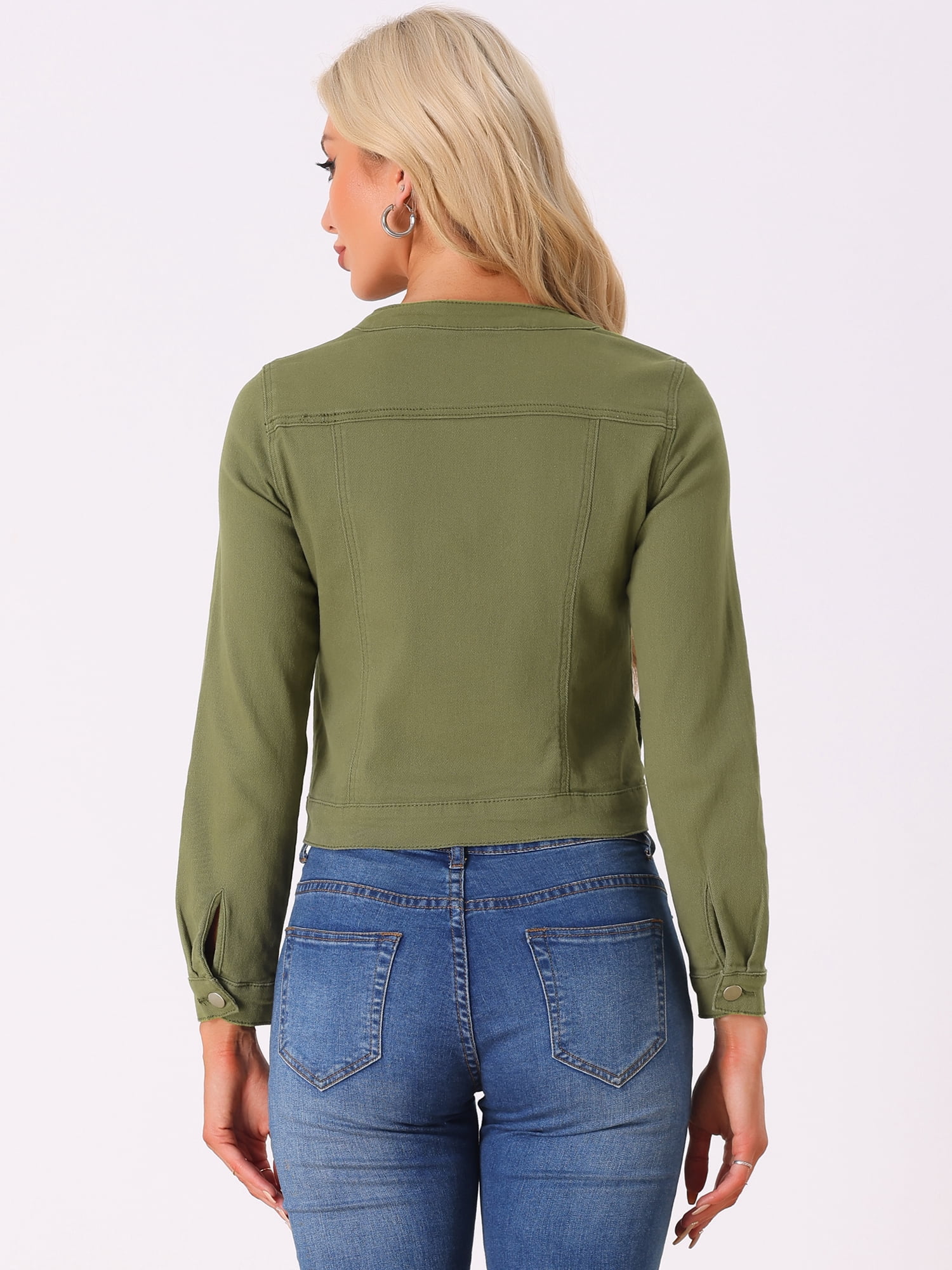 DARING DIVA Women's Button Down Collarless Cropped Denim Jacket L Army Green