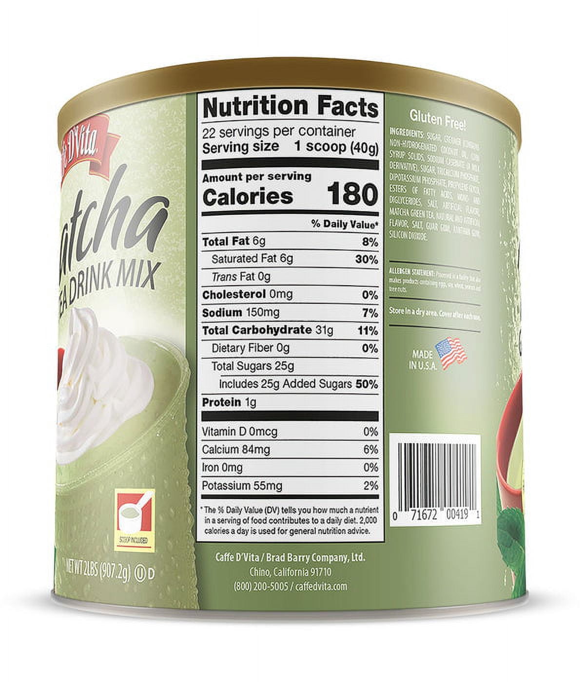 Caffe D'Vita Green Tea Matcha Drink Mix, 2 lb/ 32 oz Canisters in a 4 Pack