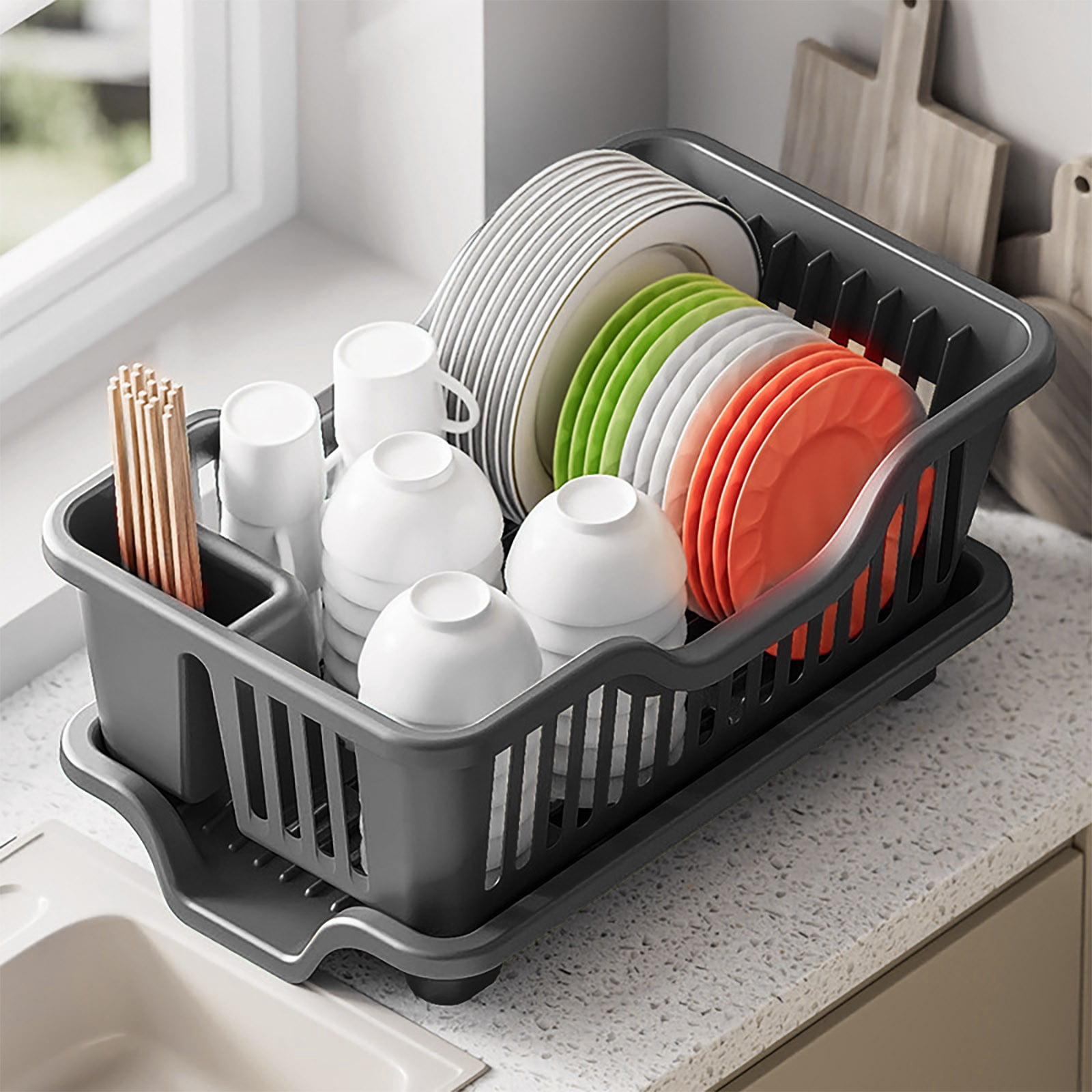 Kitchen Drain Rack, Ongmies Dish Drying Rack Dish Strainers Cutlery Holder Utensils Holder Dish Rack and Drainaboard Set for Kitchen Countertop Dining Room Restaurant Dark Gray, Black