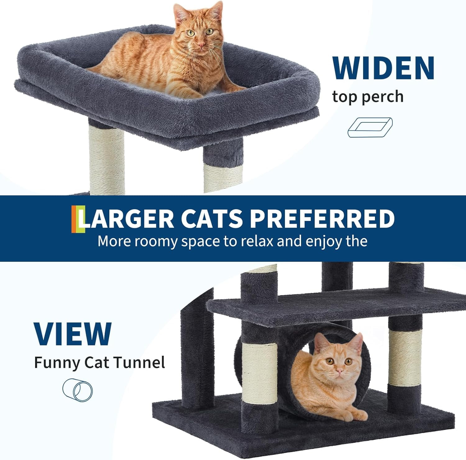 Historyli Large Cat Tree for Big Cats-74Inch Multi-Level Tower with Scratching Posts,Condo,Perches,Hammock,Tunnel & Feeding Station-Dark Gray