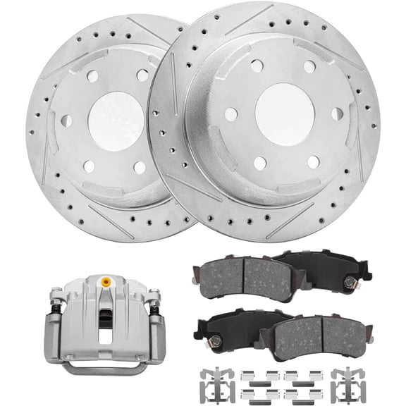 Detroit Axle - 325mm Rear Drilled Rotors   Brake Pads & Right Caliper Replacement for 2003-2006 Chevrolet GMC Silverado Sierra 1500