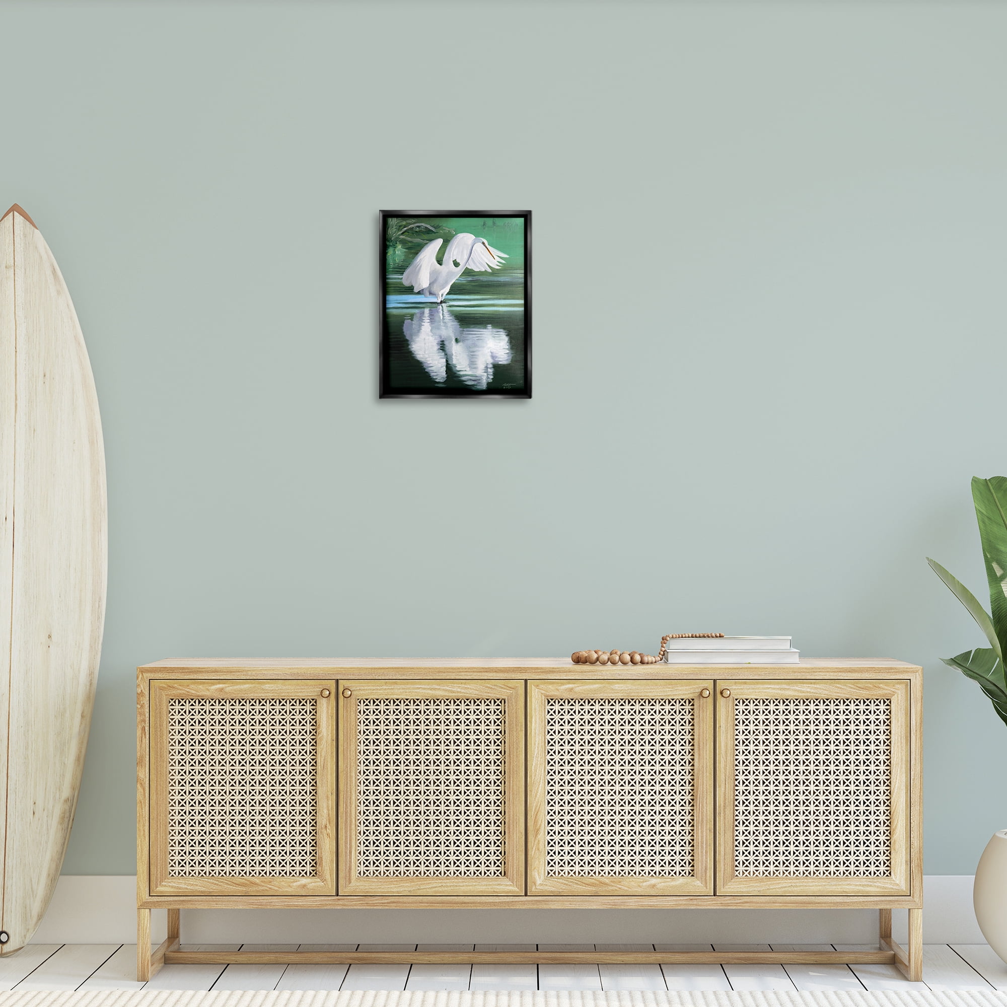 Stupell Industries Egret Flapping Wings Animals & Insects Painting Black Floater Framed Canvas Art Print Wall Art, 17 x 21