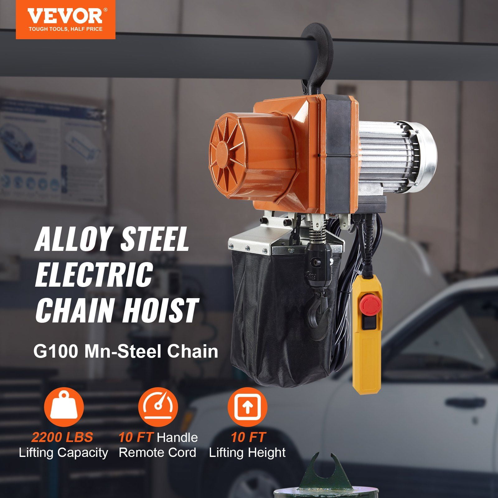 HCY Electric Chain Hoist, 2200 lbs/1 ton Capacity, 10 ft Lifting Height, 10 ft/min Speed, 120V, Single Phase Overhead Crane with G100 Chain, 10 ft Wired Remote Control for Garage, Shop, Hotel, Home