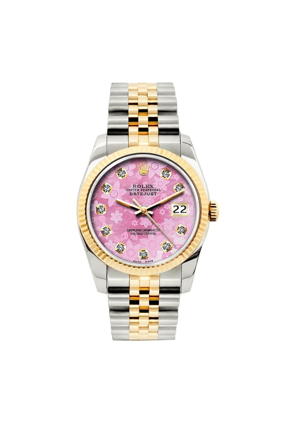 Pre-Owned Rolex Datejust 36 mm Two-Tone Yellow Gold & Stainless Steel Bracelet Pink Flower Dial Mens Watch