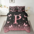 thumbnail image 2 of Homewish Initial P Letter Bedding Comforter Set 7pcs, Black Pink Sequin Print Queen Bedding Sets, Romantic Butterfly Animal Reversible Queen Sheet Sets, Microfiber Bedroom Decor, 2 of 7