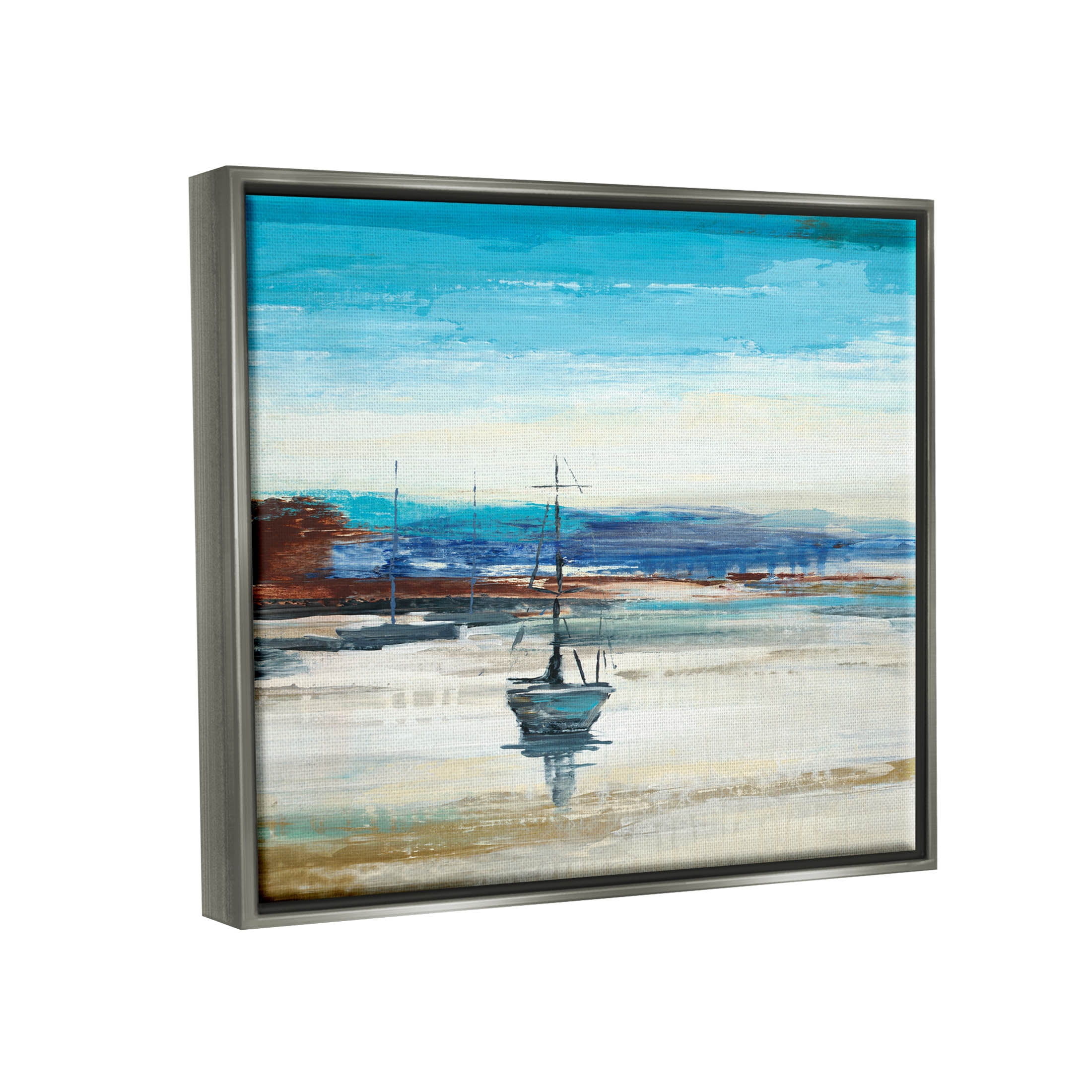 Abstract Boat Sea Reflection Coastal Painting Luster Gray Framed Art Print Wall Art
