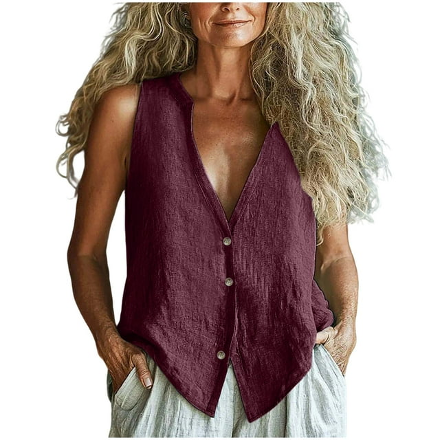 WZXFASHION Débardeur Femme Sans Manches en Coton Lin Doublé Col en V Profond Veste Décontractée Gilet 50 % de Réduction Liquidation Débardeurs & Camisoles Femme
