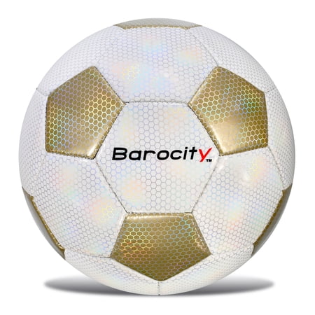 Barocity Classic White and Gold Size 4 Soccer Ball - Premium Outdoor and Indoor Soccer Ball with Reflective Iridescent Rainbow Hex Pattern Perfect Practice Kids Soccer Ball For Boys and Girls