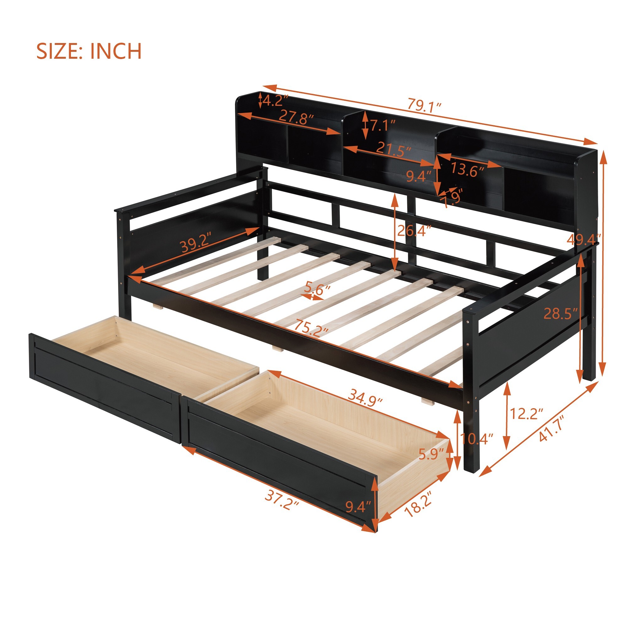 AENKYO Twin Size Wooden Daybed Bed Frame with 2 Storage Drawers and Headboard Shelf, Solid Wood Sofa Bed, Black