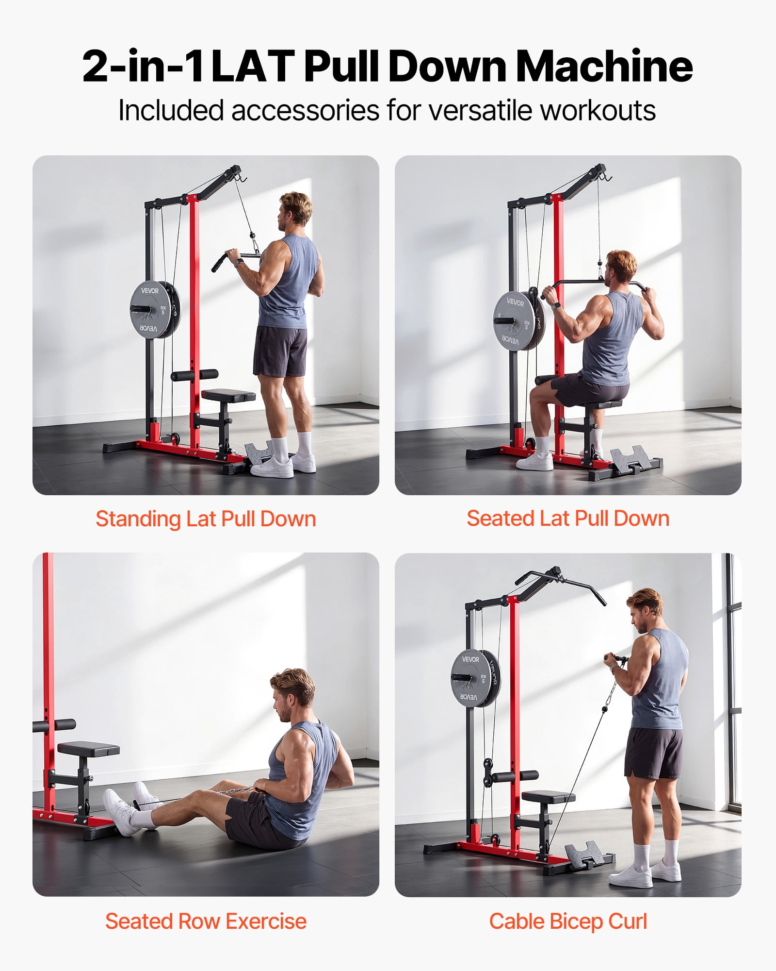 VEVOR LAT Pull Down Machine, 2-in-1 Row Cable Machine, Cable Machines Home Gym with 3-Level Adjustable Seat, 4-Level Adjustable Foam Roller, Load 500 lbs Lat Tower for Back, Chest, Tricep, Black Red