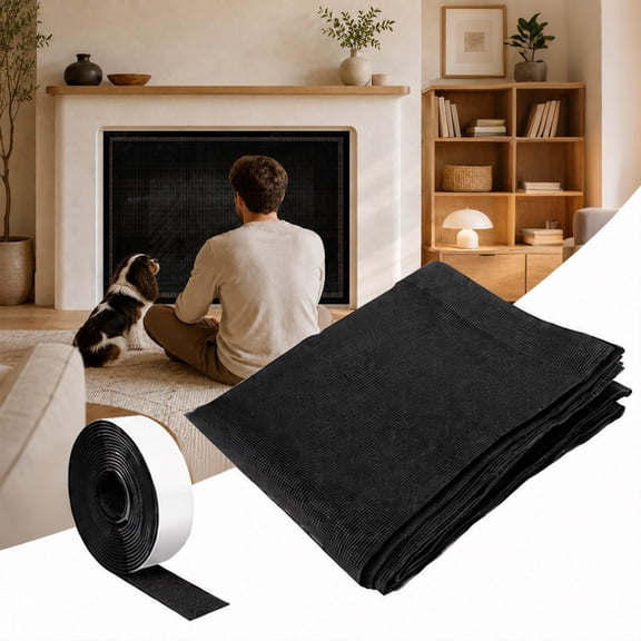 Fireplace Screen Mesh Gate 29x39.4in Black PVC Fireplace Barrier with Hook and Loop Tape for Kids and Pets