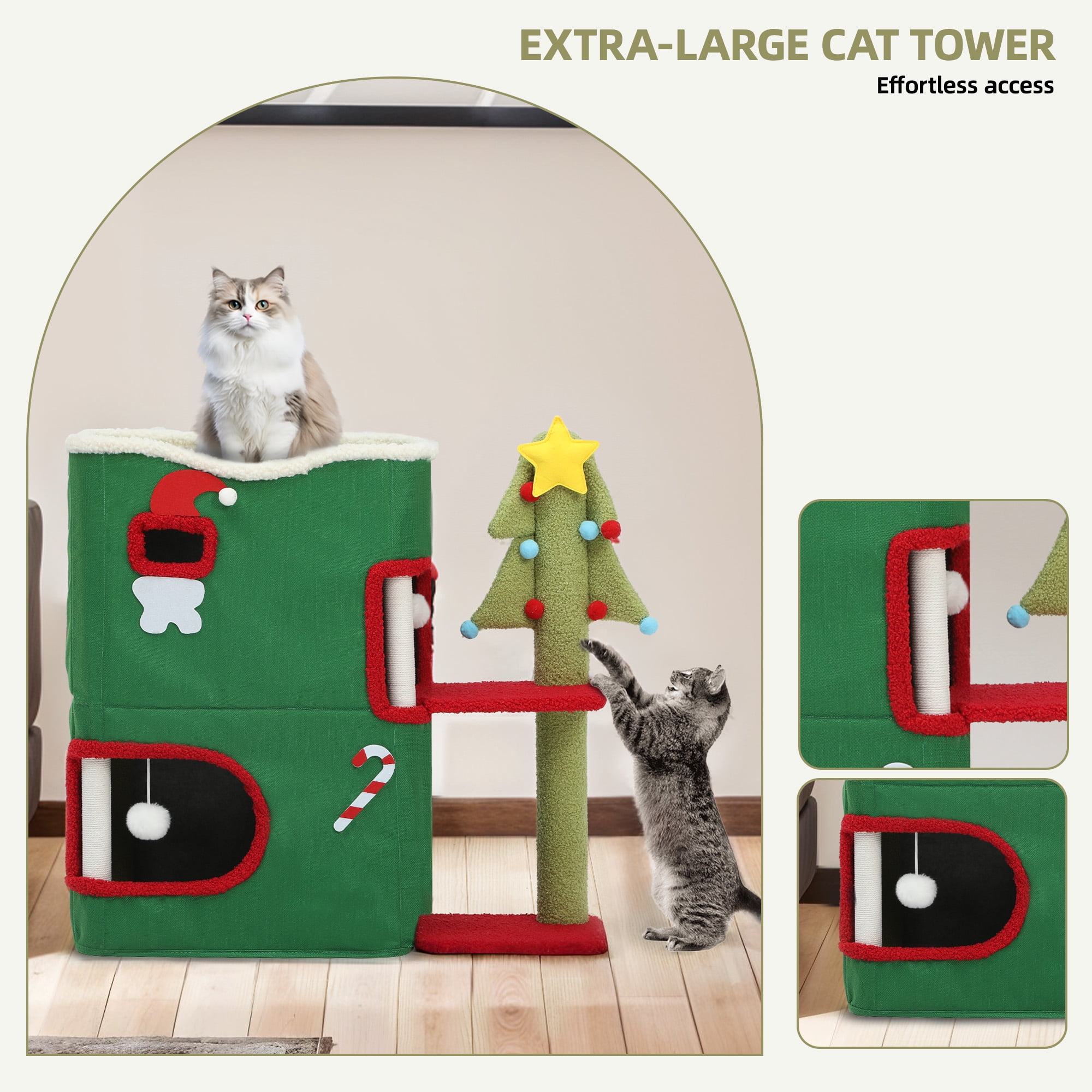 Uforic 2-Level Christmas Cat House, Indoor Cat Play House with Scratching Posts & Hideaway Cave& Hanging Plush Balls, Green