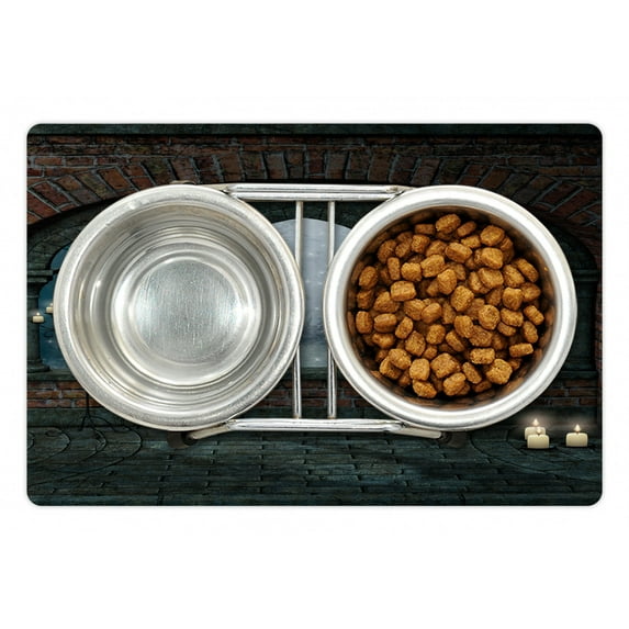 Gothic Pet Mat for Food and Water, Medieval Castle at Night with Old Arch and Candles Middle Age Misty Image, Non-Slip Rubber Mat for Dogs and Cats, 18" X 12", by Ambesonne