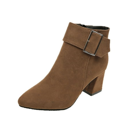 

Ymiytan Womens Block Heels Bootie Mid Top Ankle Boots Pointed Toe Booties Office Casual Comfort Side Zipper Winter Shoes Brown 7.5
