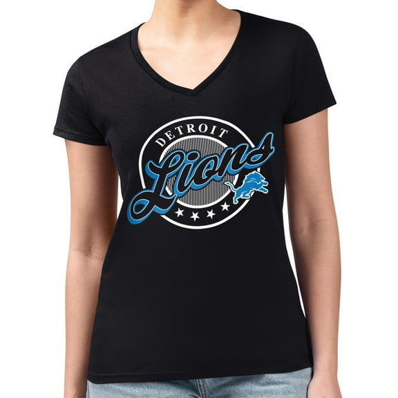 Women's G-III 4Her by Carl Banks  Black Detroit Lions Super-Slim Fit Lightweight Pinstripe Circle V-Neck T-Shirt