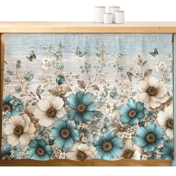 Flower Botanical Cabinet Curtains 10" W x 11" L, Teal Beige Floral Blue Butterfly Leaf Farmhouse Under-Desk Privacy Dust Proof Drape Dishwasher Curtain Sink Skirt for Kitchen Closet Bathroom Laundry