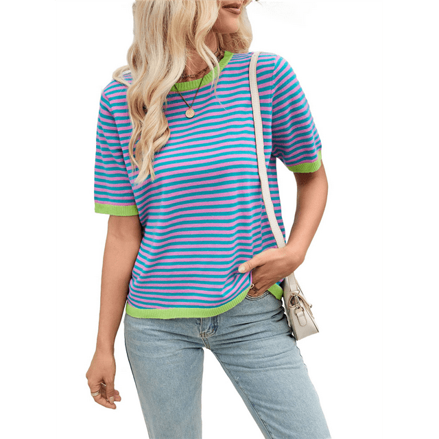 Hauts pour Femmes Décontractés d'Été à Col Rond à Manches Courtes à Rayures à Blocs de Couleur Tricotés Asymétriques Tendance Chandails à Enfiler Rose Vert TTG