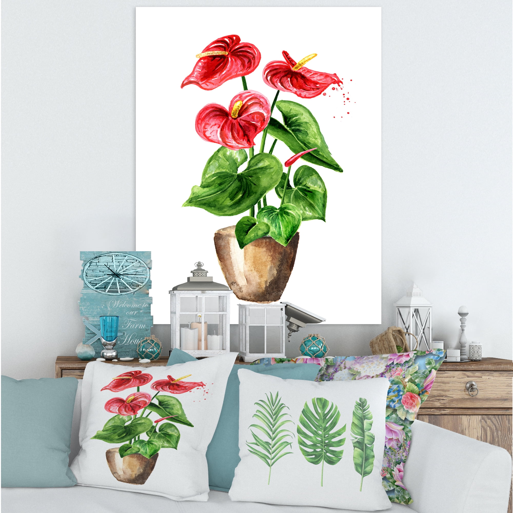 Anthurium Tailflower In The Pot 12 in x 8 in Painting Canvas Art Print, by Designart