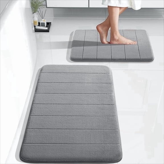 OFEFE Memory Foam Bathroom Rugs Set of 2 Pieces - Super Soft Absorbent Quick Dry Bath Mat & Rug, Non-Slip Machine Washable Floor Carpet for Tub Shower & Sink (17"x24" & 31.5"x20", Gray)