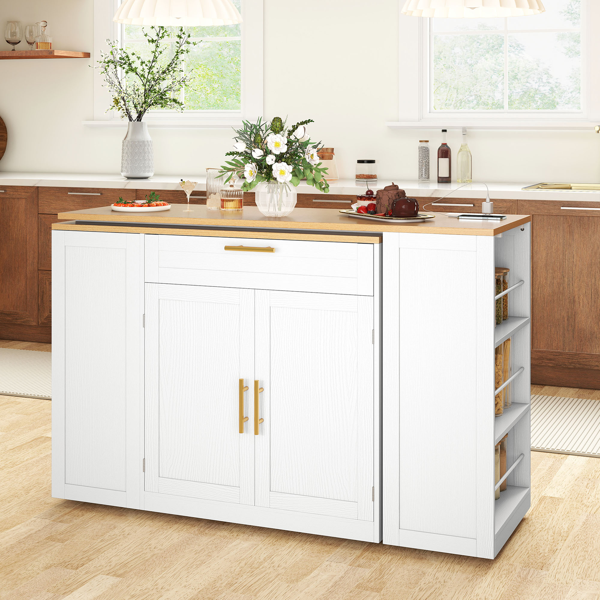 Uforic Extendable Kitchen Island with Power Outlets & 2 Stools, Kitchen Island Cart with Trash Storage Compartment, White