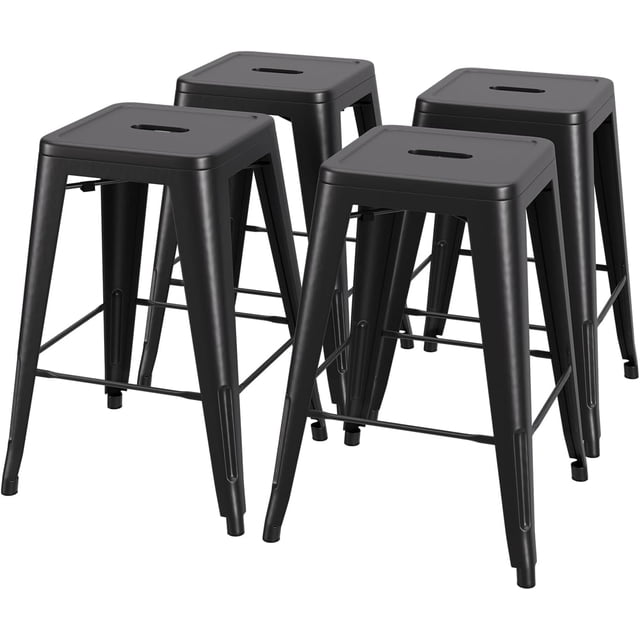 24 Inch Metal Bar Stools - Set of 4 Stackable Backless Counter & Dining Chairs for Indoor Outdoor,Black