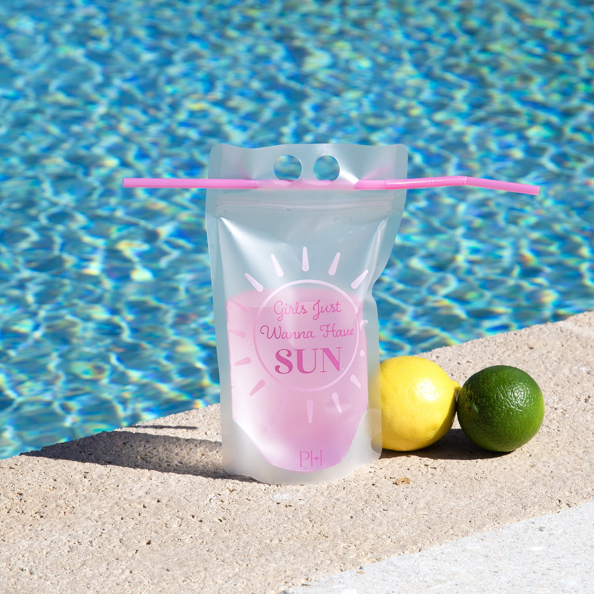 Paris Hilton 16-Ounce Reusable Drink Pouch Set with Straws, Vacay Mode, 8 Pack