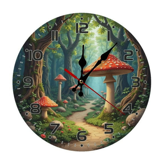 Fantasy Forest Mushroom Wall Clock 10 Inch Silent Non Ticking Round Wooden Clock Decoration for Living Room Kitchen Bedroom Bathroom Office Classroom