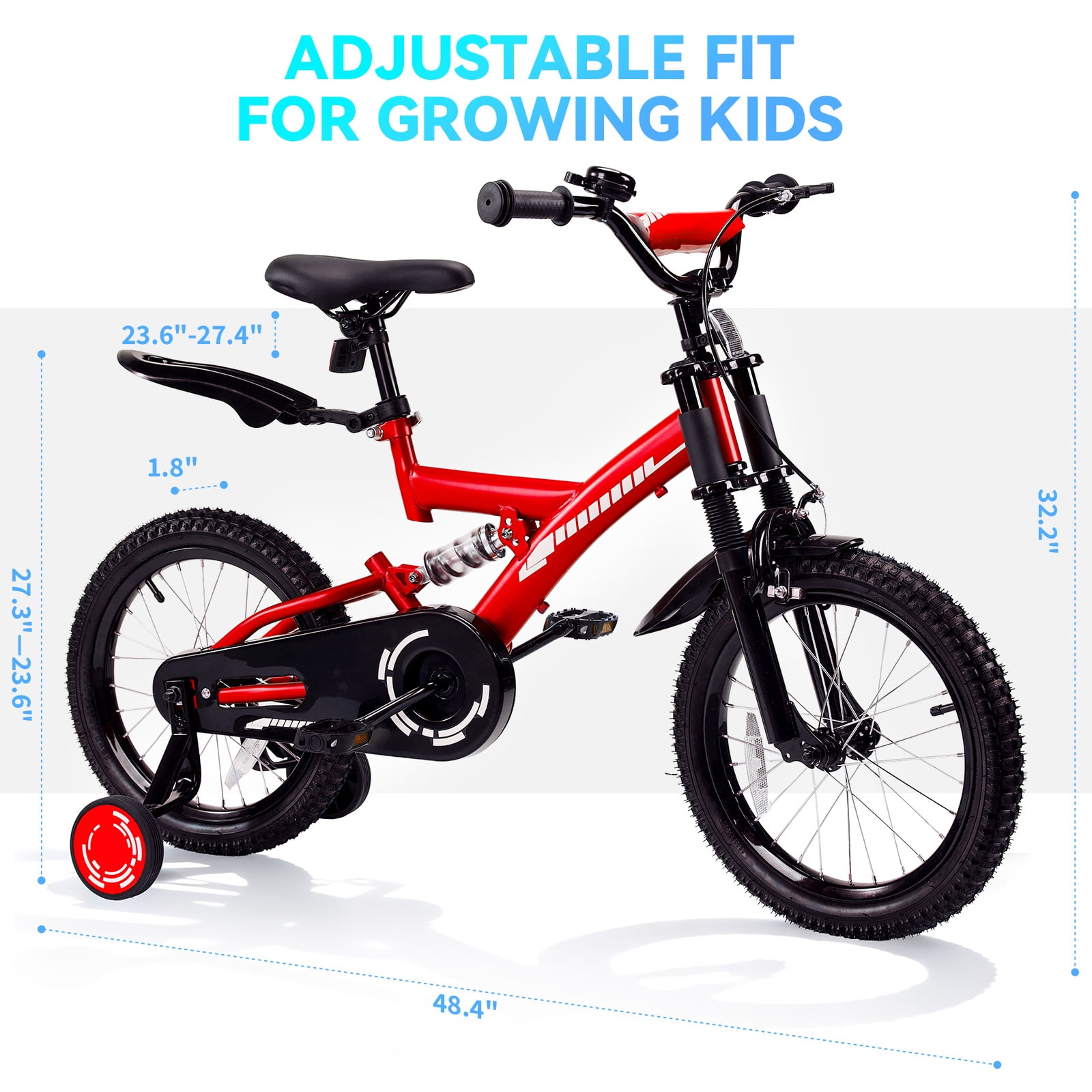 SUGIFT 18 Inch Kids Bike for Boys Girls Ages 6-9, Training Wheels, Handbrake and Bell, Red