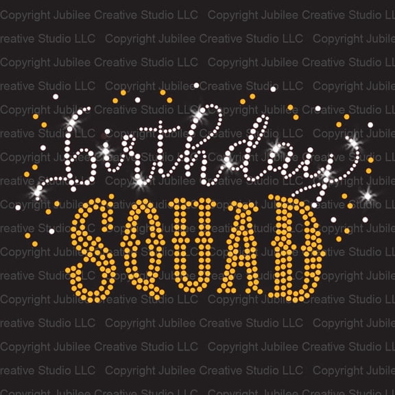 Birthday Squad Iron-on Clear Rhinestone & Gold Rhinestud Transfer by JCS Rhinestones