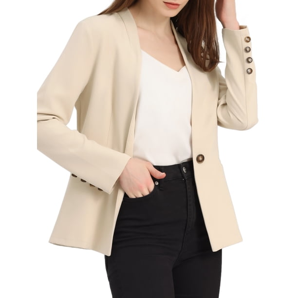 Chaqueta de cuello alto para mujer Chaqueta casual de manga larga con botones Beige S