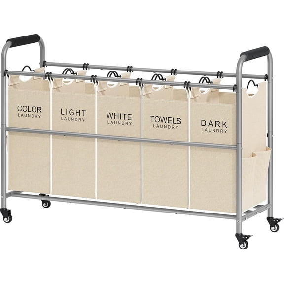 Laundry Sorter 5 Sections, Laundry Hamper with Heavy Duty Lockable Wheels and Removable Bags, 5 Bag Rolling Laundry Sorter Cart for Dirty Clothes Storage, Laundry Separator Hamper, Beige