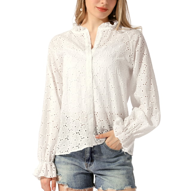 Blusa Boho INSPIRE CHIC para mujeres con cuello rizado y huecos, manga larga abullonada, botón, blanca, XL