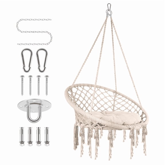 Bohemian Style Hammock Hanging Swing Chair, Made of Premium Cotton Rope with Double-Layered Cushion, Easy-to-Install Hanging Kits, Suitable for Indoor Outdoor, Café, Bookstore, Holds 350 Lbs, Beige