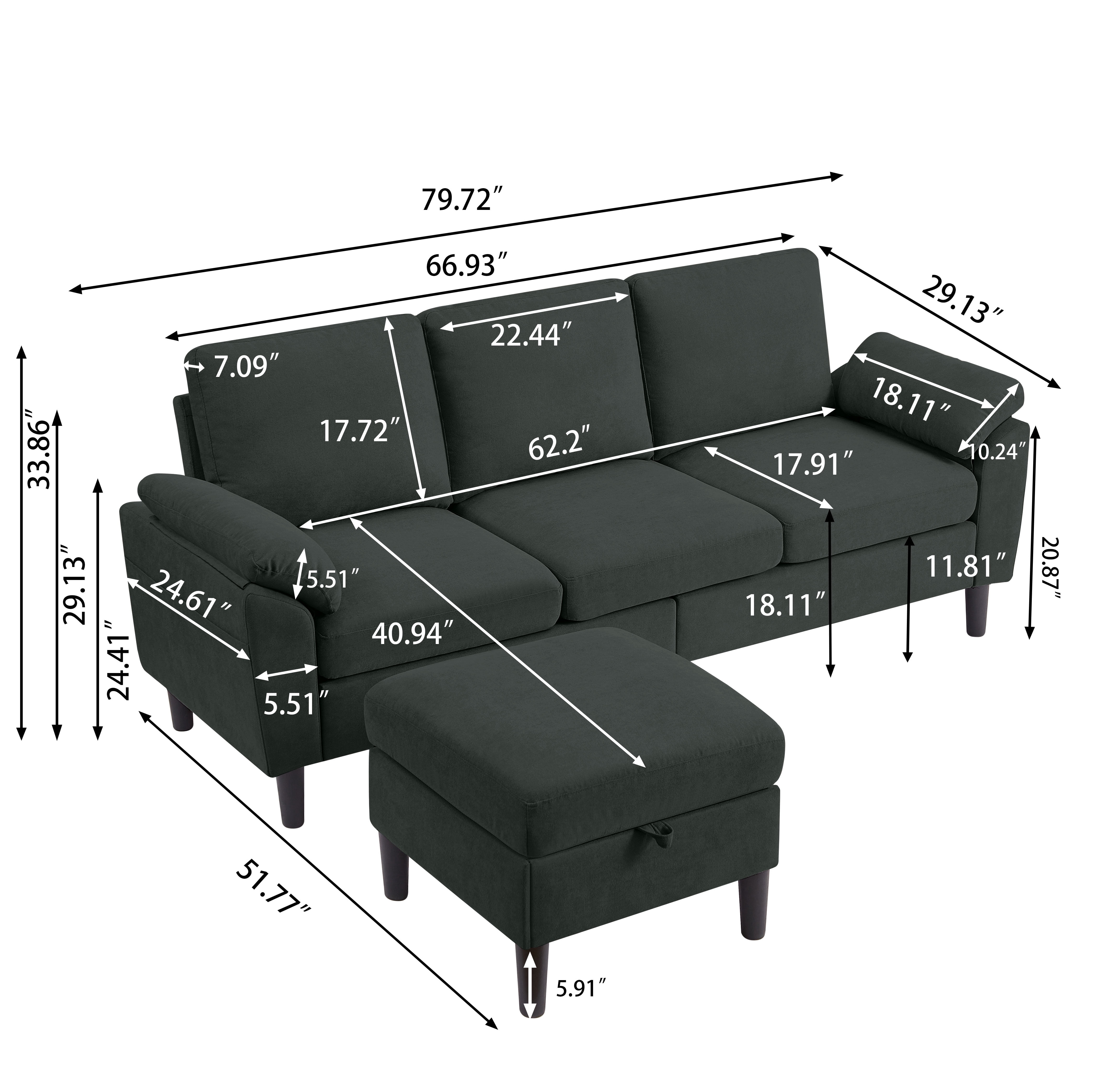 Pingliang Home 80" Sectional Sofa Couch,L Shaped 3 Seat with Reversible Storage Ottoman and Side Pockets, Modern Polyester Fabric Sofa Couches for Living Room Apartment Office Studio Small Space