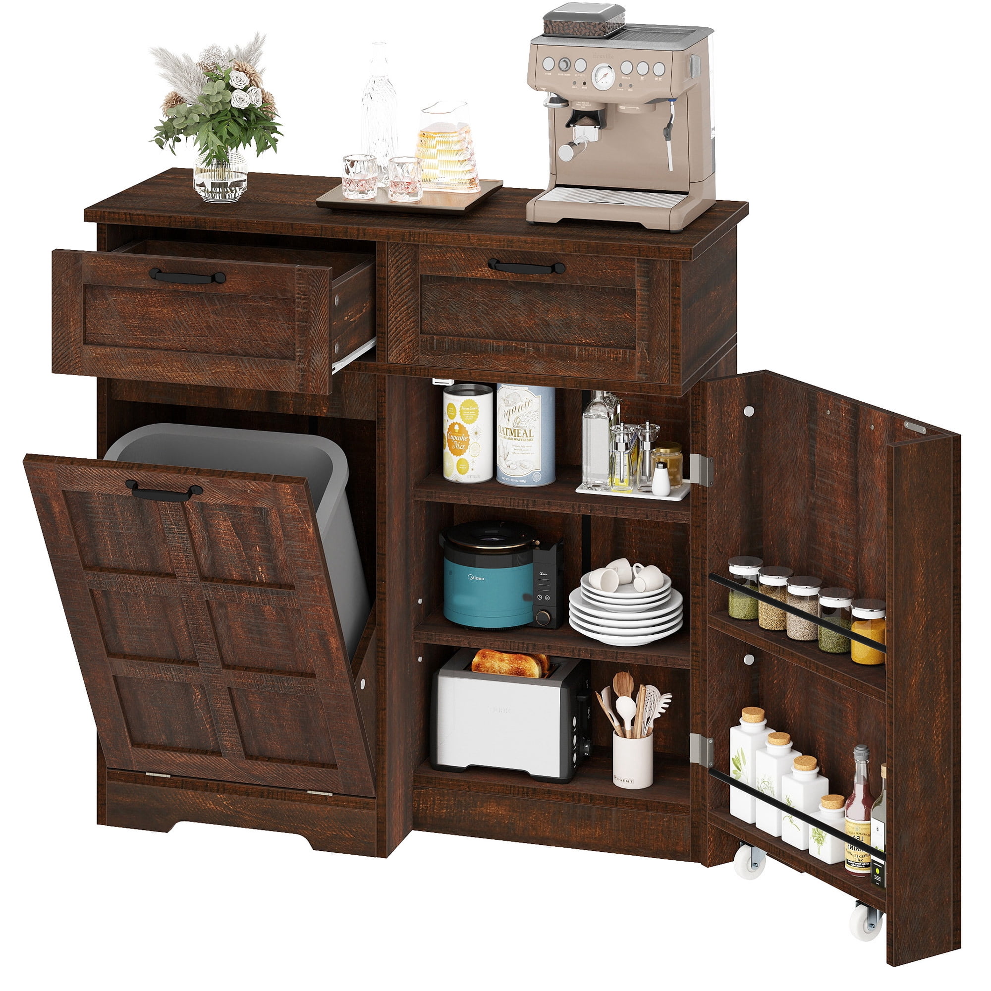 Uforic Kitchen Storage Buffet Cabinet for 10-gal Trash Bin, Tilt Out Trash Cabinet with Drawers & Shelves, Brown