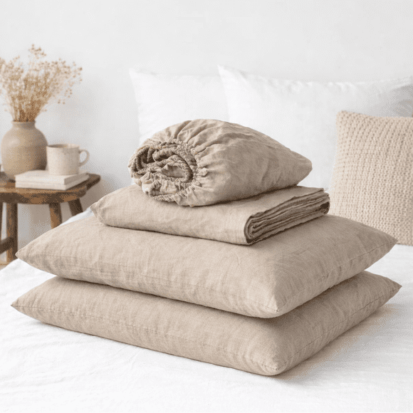 Q VITA 55% French Linen 45% Cotton Sheet Set – Queen, 4-Piece Bedding Set for Adults – Dark Oatmeal Color – OEKO-TEX Certified, Machine Washable, Designed in Canada