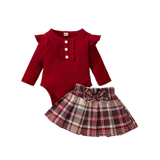 LAPAKIDS Newborn Baby Girl Tops Romper Jumpsuit Plaid Skirt Clothes Set