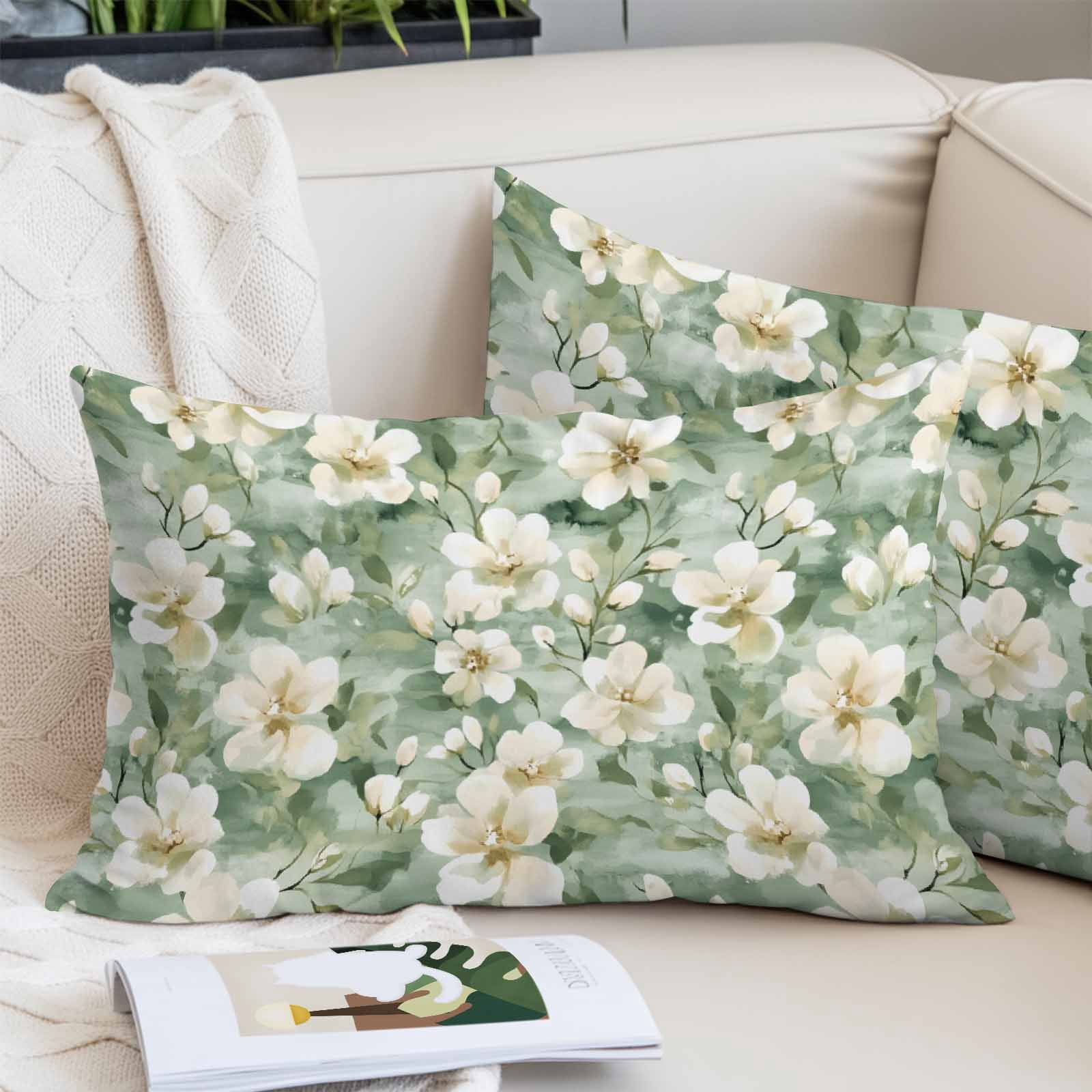 Sage Green Spring Floral Oversized Pillow Covers, Summer PlantsFarmhouse Soft Breathable Throw Pillow Cases with Invisible Zipper, Decorative Pillowcase Pillows Protectors for Sofa Bed Couch 24"x36"