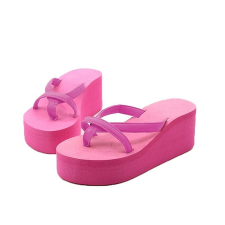 

〖Yilirongyumm〗 Hot Pink 35 Slippers For Women Wedge Flip-Flops Women s Beach Solid High-Heeled Color Sandals With Thick-Legged Women s Slipper