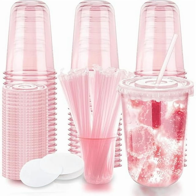 wonima02 16oz Disposable Stemless Glasses with Flat Lids and Straws,PET Disposable Drinking Cups,Clear Plastic Wine Glasses for Parties Birthday,Wedding,Meeting,Christmas Party Supplies. (50, Pink)