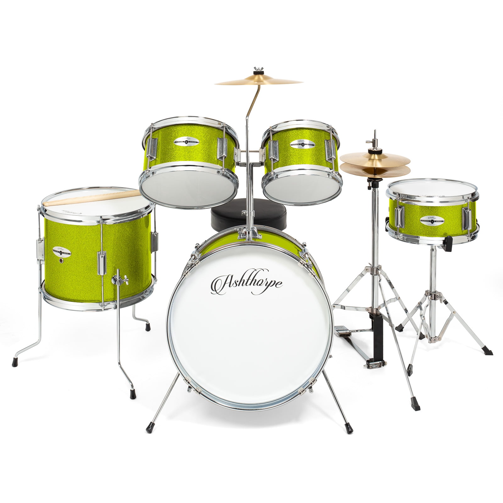 Ashthorpe 5-Piece Complete Junior Drum Set with Brass Cymbals and Drummer's Throne - Green