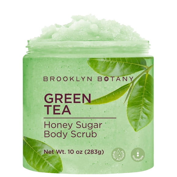 Brooklyn Botany Exfoliante de azúcar y miel de té verde para el cuerpo 10 oz - Exfoliante corporal profundamente hidratante y suavemente exfoliante para mujeres y hombres - Hidrata y nutre la piel