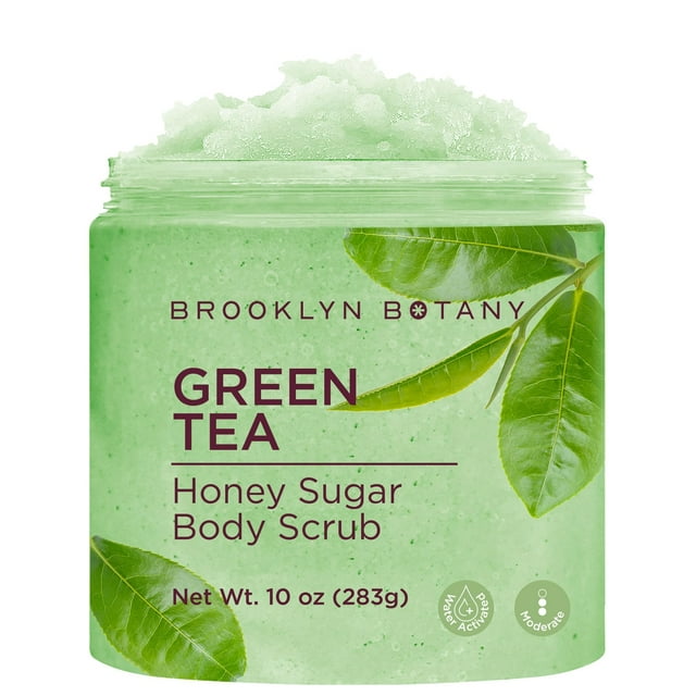 Brooklyn Botany Exfoliante de azúcar y miel de té verde para el cuerpo 10 oz - Exfoliante corporal profundamente hidratante y suavemente exfoliante para mujeres y hombres - Hidrata y nutre la piel