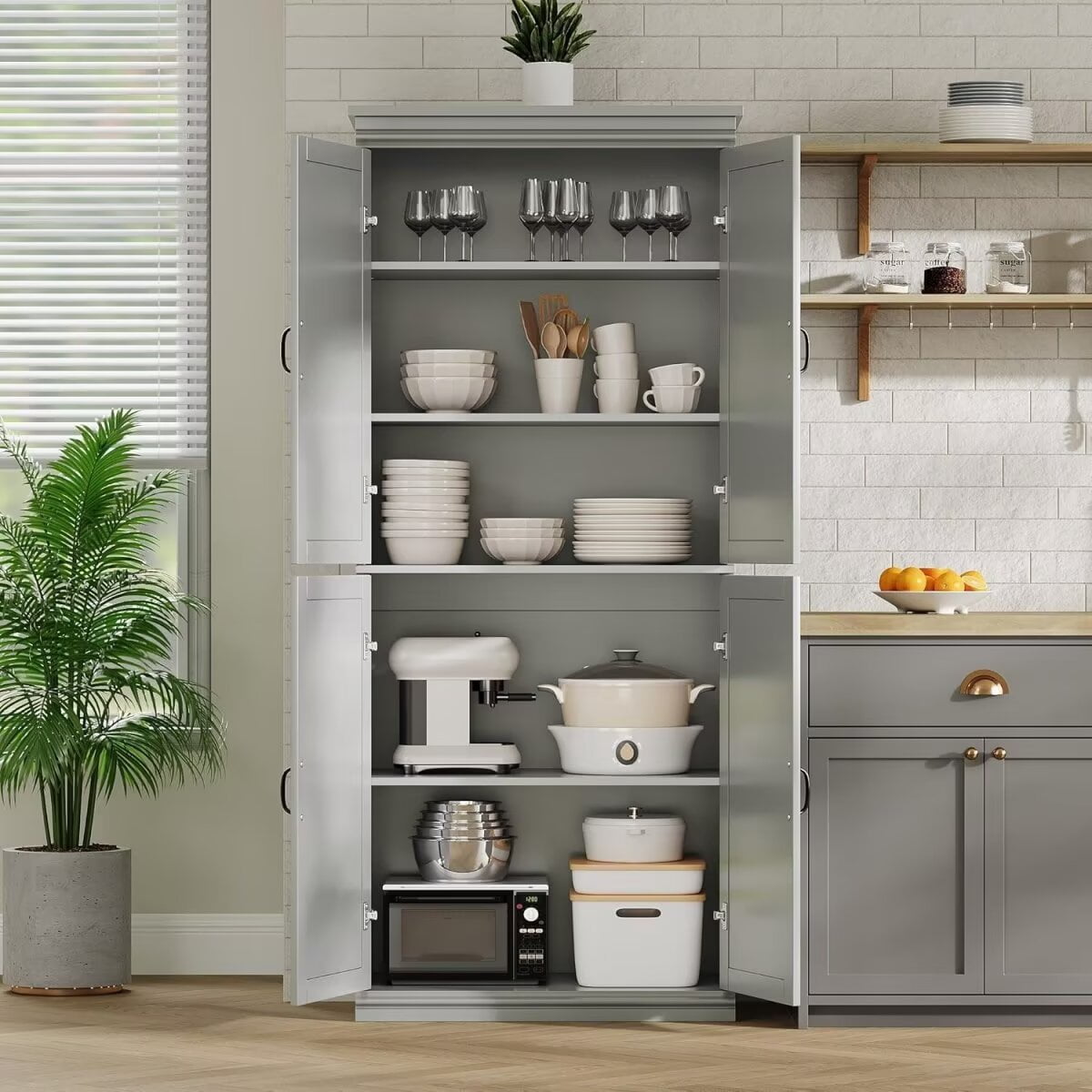 70" Tall Pantry Cabinet, Freestanding Kitchen Pantry Storage Cabinet with Doors and Adjustable Shelves for Dining Living Room Bathroom, Gray