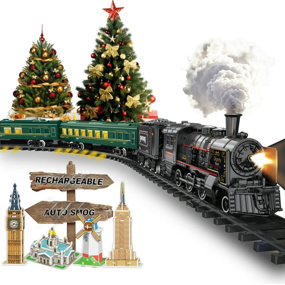 Electric Train Sets for Boys Girls Metal Alloy Christmas Trains Toys Steam Locomotive, Passenger Carriages, Tracks, Light & Sounds Birthday Gifts for Kids 3 4 5 6 7 8   Years Old Green