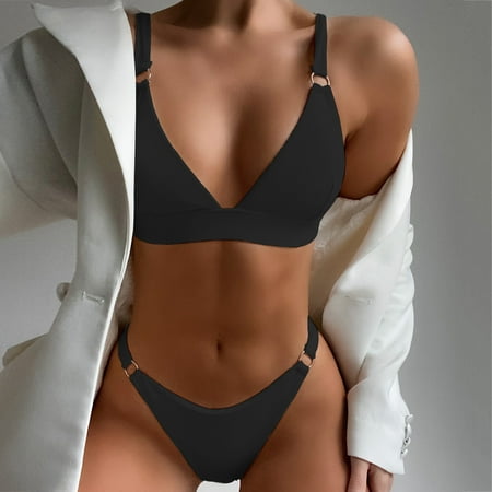

dmqupv Sporty Swimsuits for Women with Shorts Women Ribbed Ring Bikinis Swimsuit Push Up Solid Bikini Swimsuit Bra Support Black Small