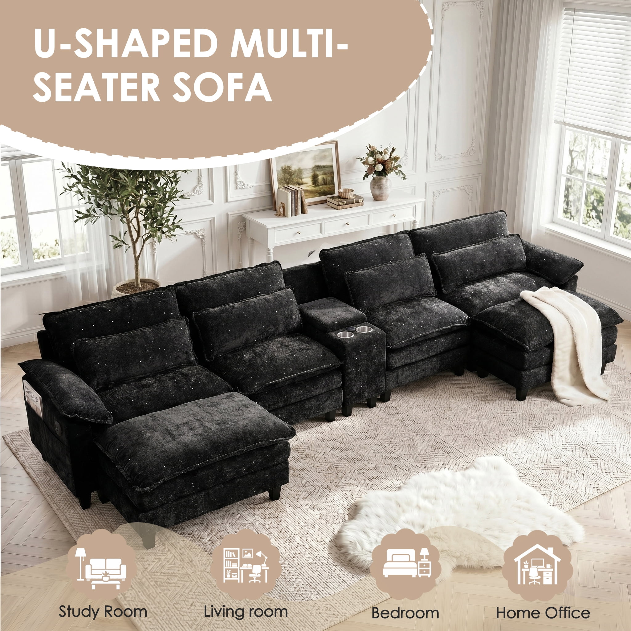 AISWORD U Shaped Cloud Couch Sectional, Oversized Modular Sofa with USB Charging, Hidden Storage, Cup Holders & Double Chaise for Living Room, Black