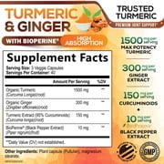 Turmeric Curcumin Supplement - 95% Curcuminoids with Organic Turmeric & Ginger, BioPerine Black Pepper Extract for Best Absorption, Natural Vegan Joint Support, Non-GMO, Bottled in USA - 120 Capsules
