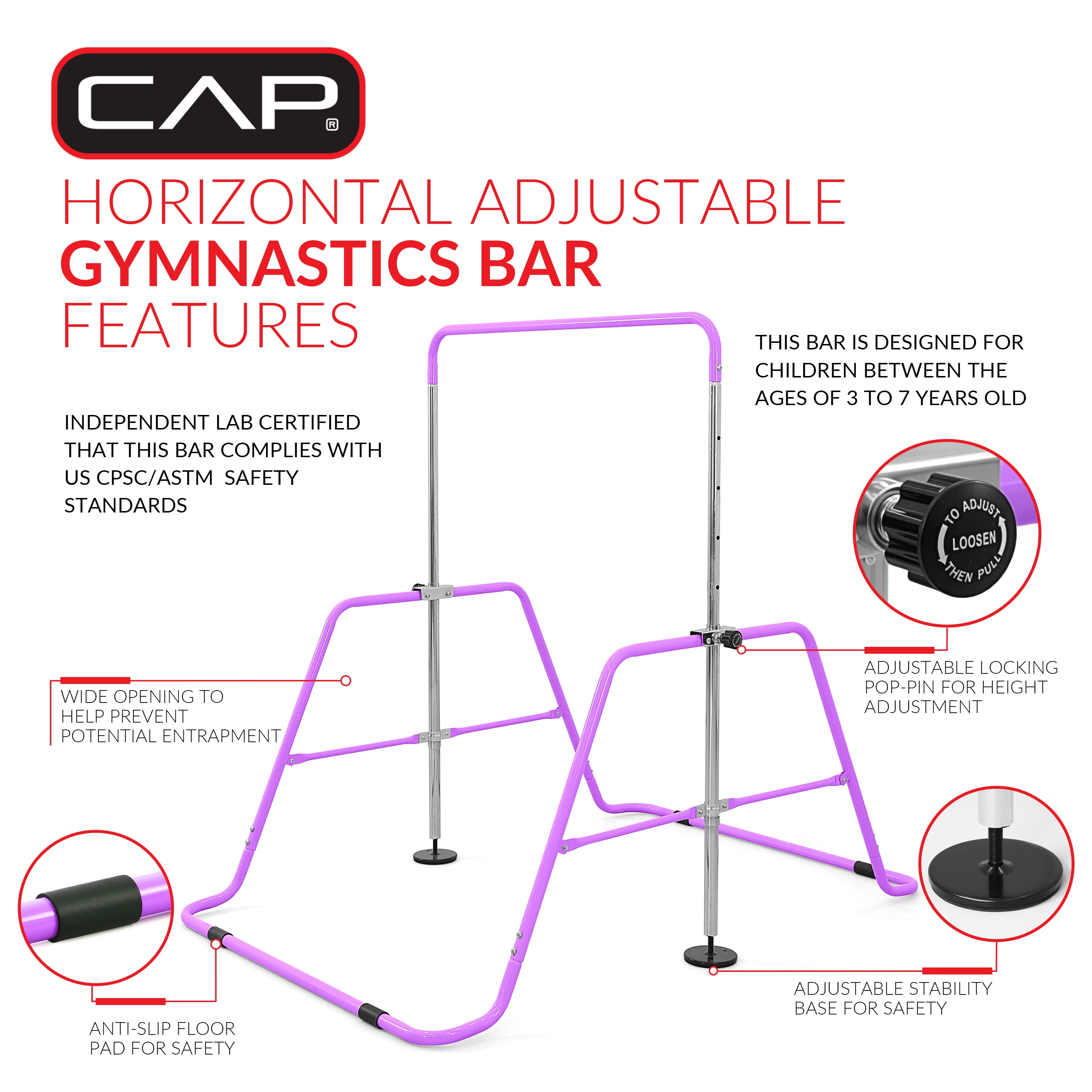 CAP Adjustable Height Horizontal Gymnastics Bar for Kids, Purple