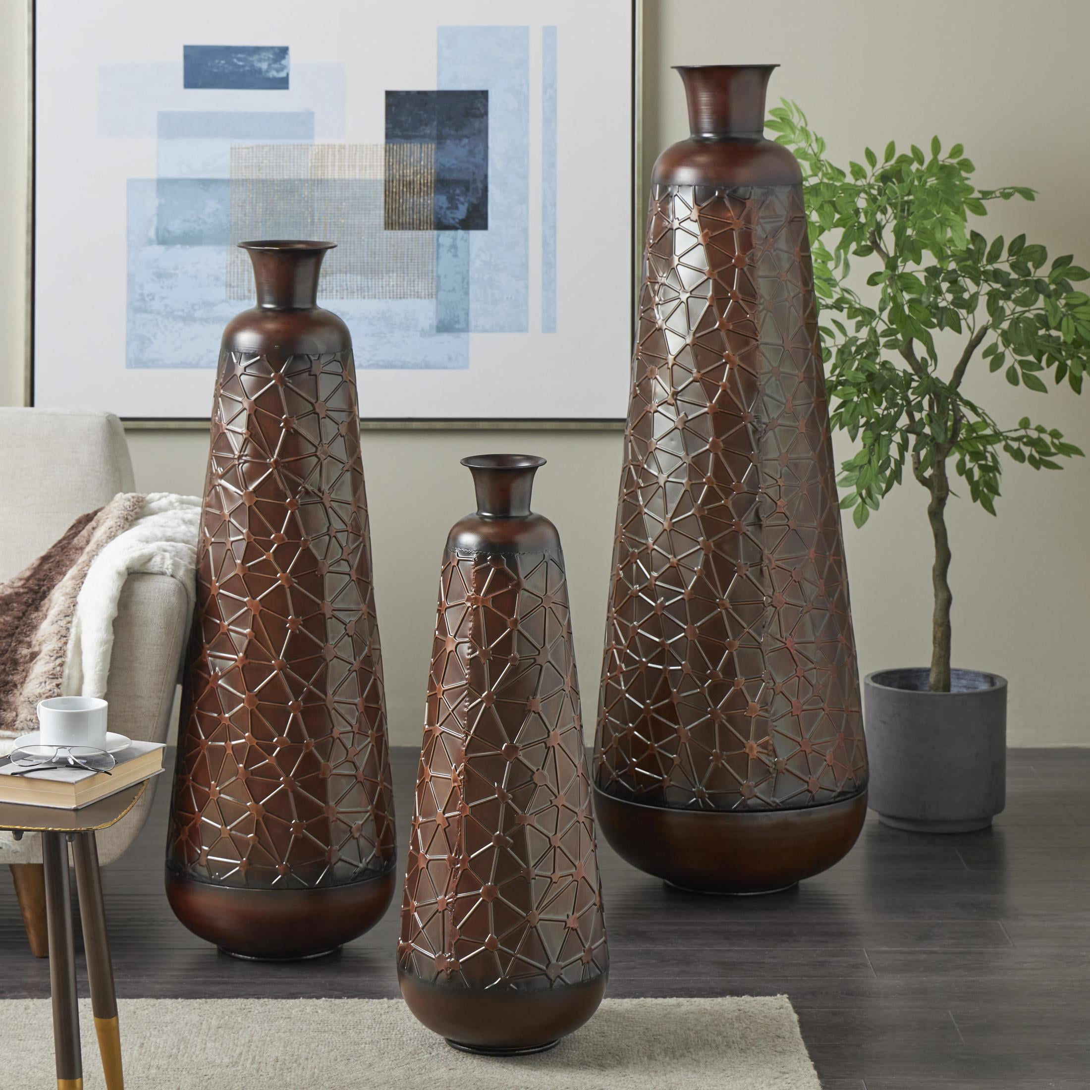 DecMode 53", 43", 32"H Tall Teardrop Shaped Dark Brown Metal Vase with Brown Trumpet Tops, Set of 3